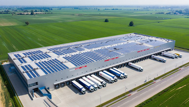 Farma fotowoltaiczna dostarczająca energię elektryczną w ramach off-site cPPA, zbudowana na dachu centrum logistycznego